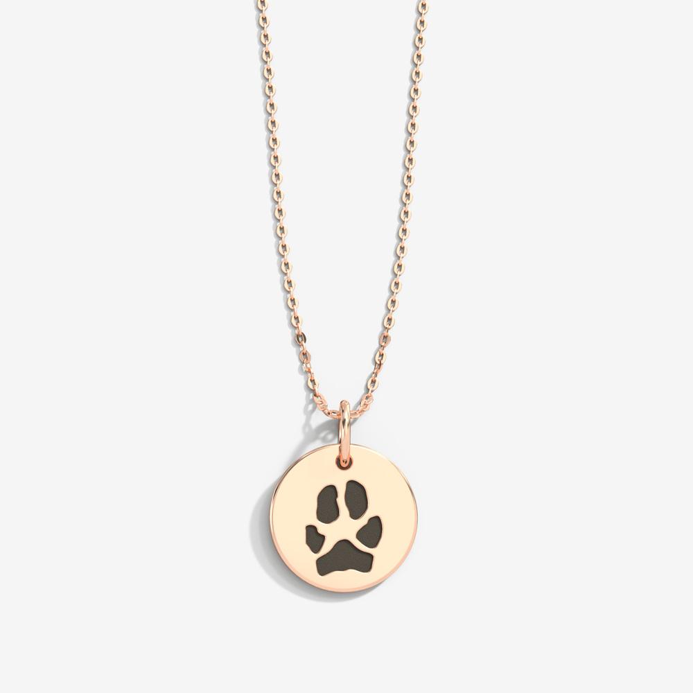 Gold Paw Print Necklace - Engraved Circular Paw Print Pendant with Diamond
